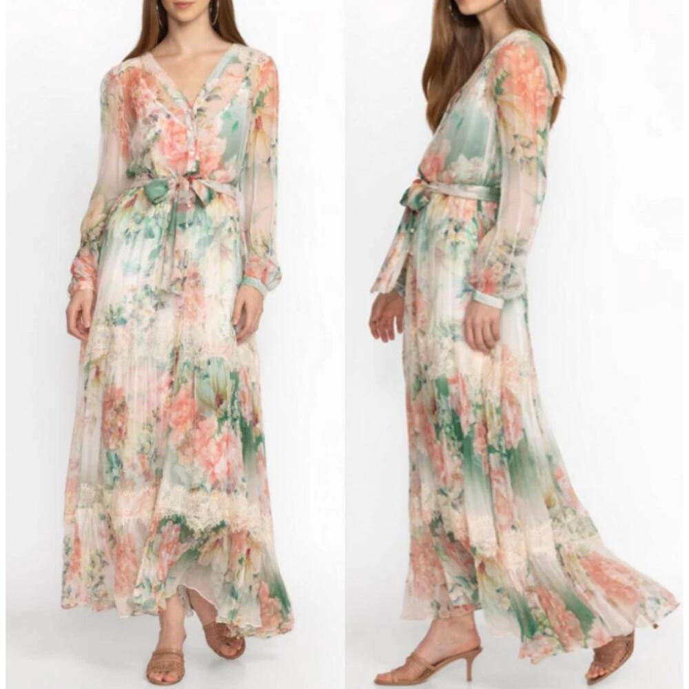 Johnny Was Ruksana Silk Sheer Maxi Dress with Matching Slip Dress & Belt S NWT
